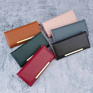 Minimalist long leather wallets for women with elegant gold metal trim in six colors