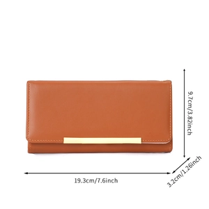 Caramel brown long leather clutch wallet for women with golden metal trim and dimensions