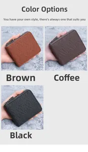 Close-up of men's short wallets with leaf-vein embossing in brown, coffee, and black
