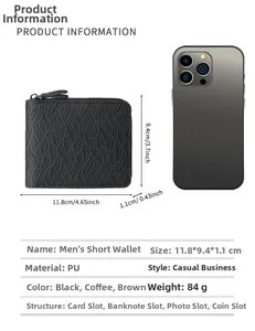 Short men's wallet with leaf pattern and smartphone size comparison 11.8x9.4x1.1cm