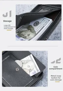 Detail of men's leather wallet featuring large bill compartment and snap coin pocket