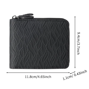 Men's minimalist black leather wallet with leaf embossed texture and L-zip closure