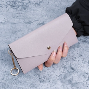 Women Long Wallet PU Leather Lychee Pattern Card Holder Handheld Clutch Bag With Snap Button And Key Ring Minimalist Design