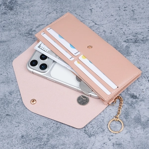 Pink faux leather long wallet for women with phone compartment and card slots
