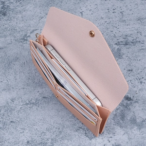 Pale pink long wallet and smartphone clutch with multi-card slots and pebble leather finish
