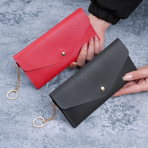 Women long wallet with snap button and metal chain strap in red and black colors