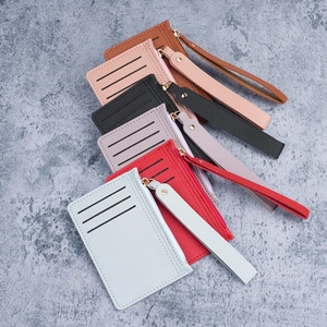 Slim multi-color faux leather card holder with zipper pocket and wrist strap for women