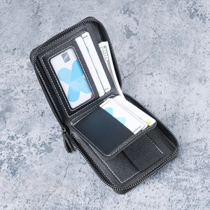 Men's black leather wallet with U-shaped zipper and multi-slot interior storage