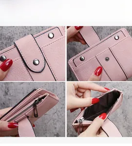 Pink trifold wallet detail featuring snap button, zipper coin pocket and studded hardware