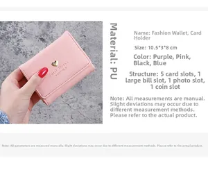 Pink PU leather wallet detail showing dimensions 10.5x8cm and interior card slot structure