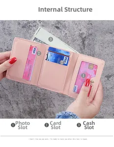 Detail view of the pink multi-functional folding wallet interior with card slots and photo window