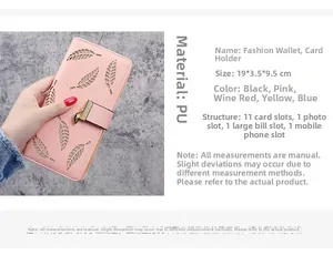 Pink PU leather wallet detail showing hollow leaf pattern and metal leaf pendant buckle