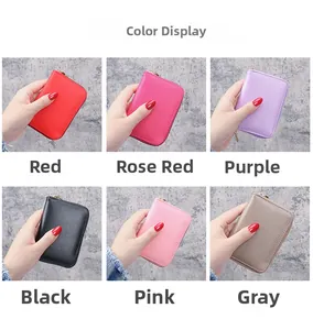 Color display of small lychee pattern leather card holders in six vibrant color options