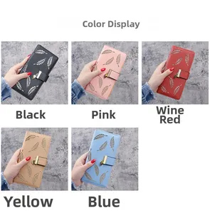 Detailed grid view showing various colors of long women's wallets with leaf patterns
