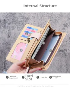 Detail view of pink long wallet interior with multiple card slots and leaf zipper pull