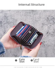 Pink lychee grain accordion card holder with multiple slots and metal zipper detail