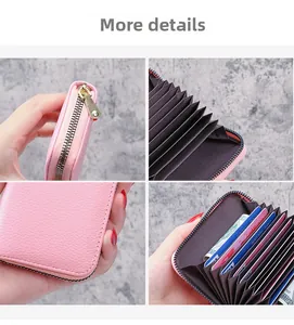 Detailed views of pink litchi grain card holder with accordion slots and gold zipper closure