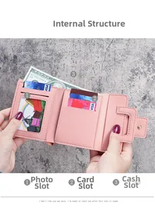 Detail of pink tri-fold wallet showing card slots, photo ID window and bill compartment