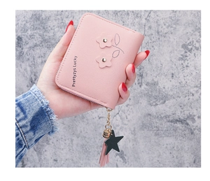 Pink PU leather short wallet detail with flower patches and a cute star tassel charm