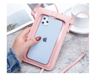 Detail view of pink PU leather crossbody phone wallet with transparent touch window