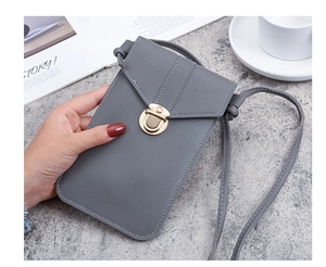 Detail of gray litchi texture PU leather crossbody phone bag with gold metal buckle
