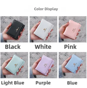 Short tri-fold wallets for women in six colors featuring golden metal animal logos