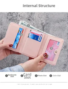 Detailed internal structure of pink PU leather tri-fold wallet with card and bill slots