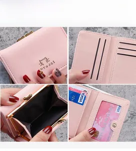 Detail view of pink PU leather tri-fold wallet showing card slots and cat metal logo