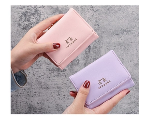 Three-fold PU leather wallets with cute cat embossing in soft pink and purple tones