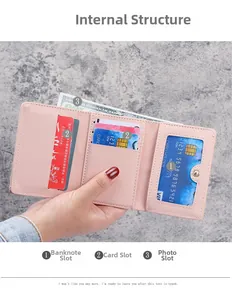 Detail of pink tri-fold wallet showing interior card slots and banknote compartment