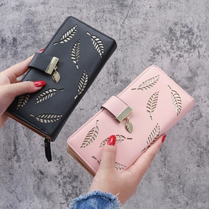 Women Long Wallet Fashion PU Leather Hollow Leaf Design Buckle Zipper Clutch Card Holder Phone Pocket