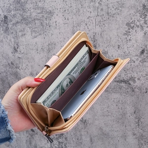 Women's pink and beige faux leather wallet with large capacity and leaf cutout design