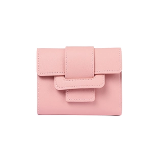 Pink PU leather short tri-fold wallet for women with decorative strap and snap closure