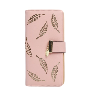 Pink PU leather long wallet for women with laser-cut leaf patterns and gold charms