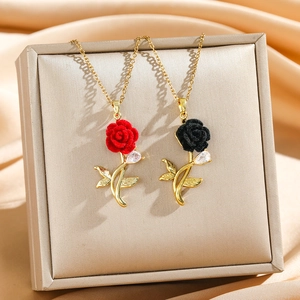 Velvet Rose Pendant Necklace Titanium Steel Chain Gold Plated Copper Zircon Gothic Romantic Jewelry Women Gift