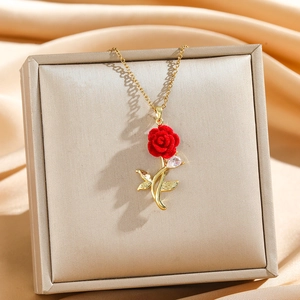 Gothic red velvet rose necklace with golden leaves and water drop pendant on silk