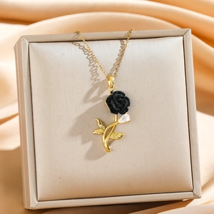 Gothic black velvet rose heart necklace with gold chain and teardrop crystal pendant