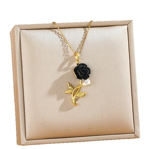 Gothic black rose necklace with heart-shaped petals and gold chain for women