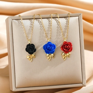 French rose pendant necklace set with crystal bow and velvet texture in three colors