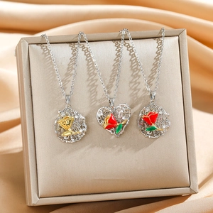 Tulpe Rose Blume Anhänger Halskette Edelstahl Kupfer Zirkon Hohl Herz Rund Eleganter Schmuck Geschenk Für Frauen