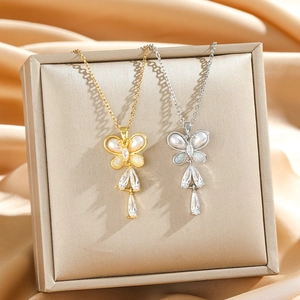 Elegant butterfly tassel necklaces with pearls and zircon in gold and silver finish