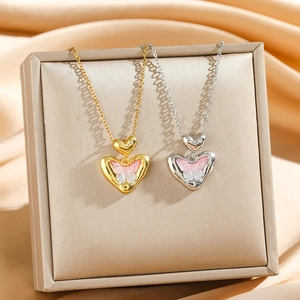 Pink gradient butterfly heart pendant necklaces in gold and silver titanium steel finish