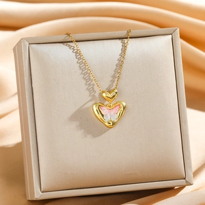 Gradient pink butterfly heart necklace in gold titanium steel for elegant women