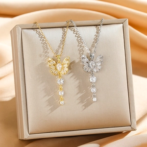 Exquisite butterfly pendant necklace with zircon tassels in gold and silver finish