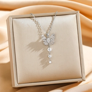 Exquisite titanium steel butterfly pendant necklace with zircon tassels on gold box