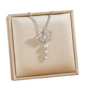 Exquisite silver titanium steel butterfly tassel necklace with sparkling zircon stones