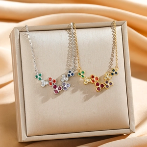 Titanium steel flower necklace with colorful zircon pendants in gold and silver finish