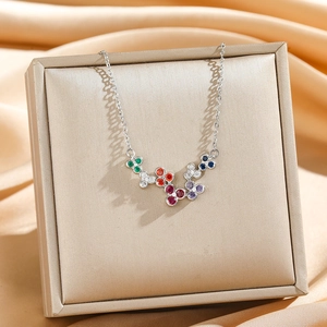 Chic silver titanium steel necklace with vibrant colorful floral zircon stone pendant