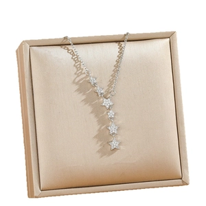 Luxurious silver star tassel necklace with sparkling crystals on champagne backdrop