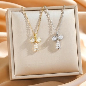 Bowknot Pendant Necklace For Women Titanium Steel Zircon Tassel Bow Full Rhinestone Sweet Dainty Choker Gift